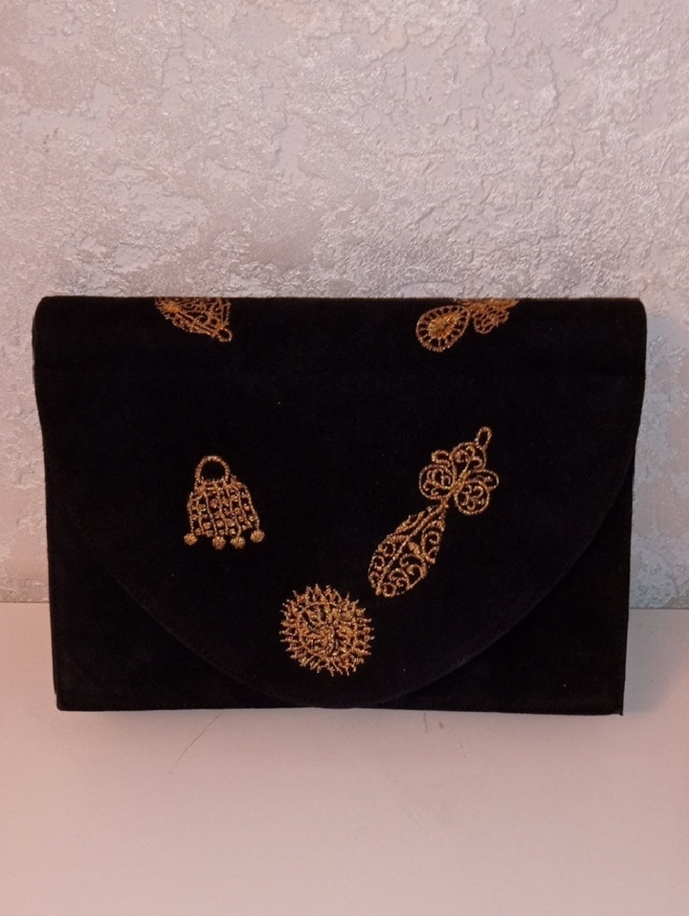 Sergio Rossi Suede Black and Gold Evening Clutch